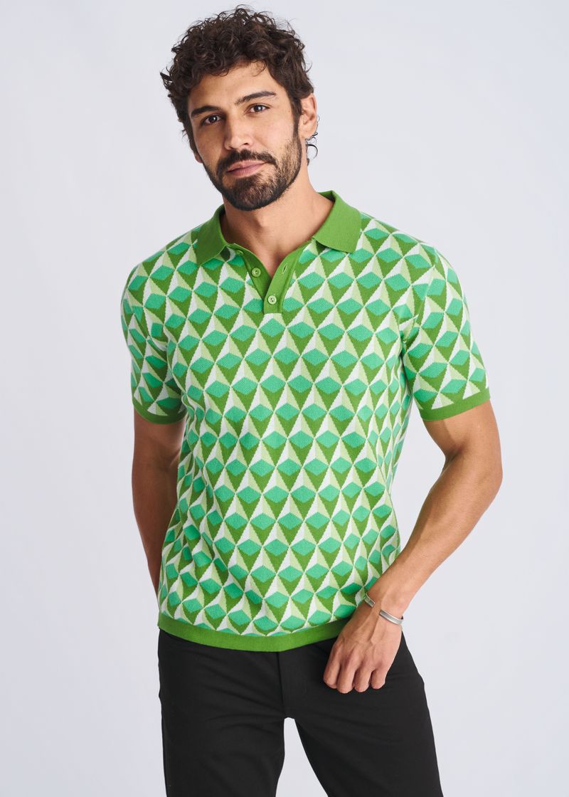 PALM/PEAR PYRAMIDS JACQUARD COTTON 3-BUTTON KNIT POLO PM-16326