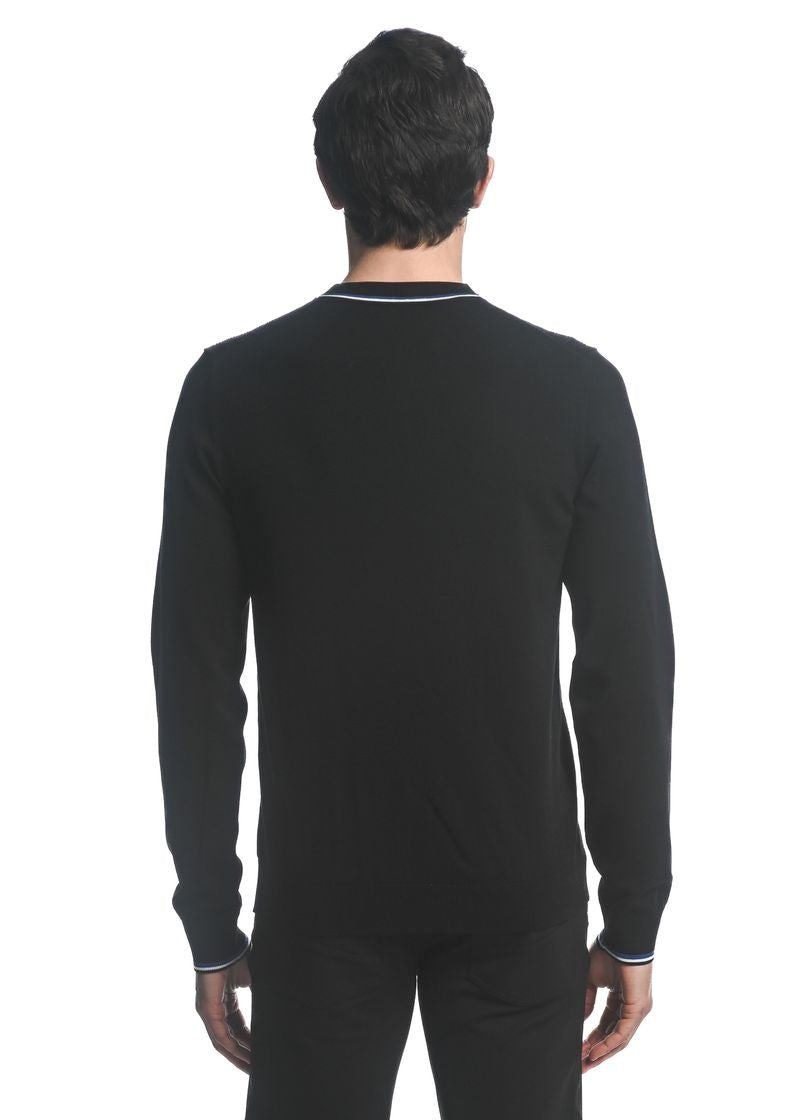 BLACK SILK TENCEL TEXTURED KNIT CREW SWEATER W/ TIPPING PM-16221