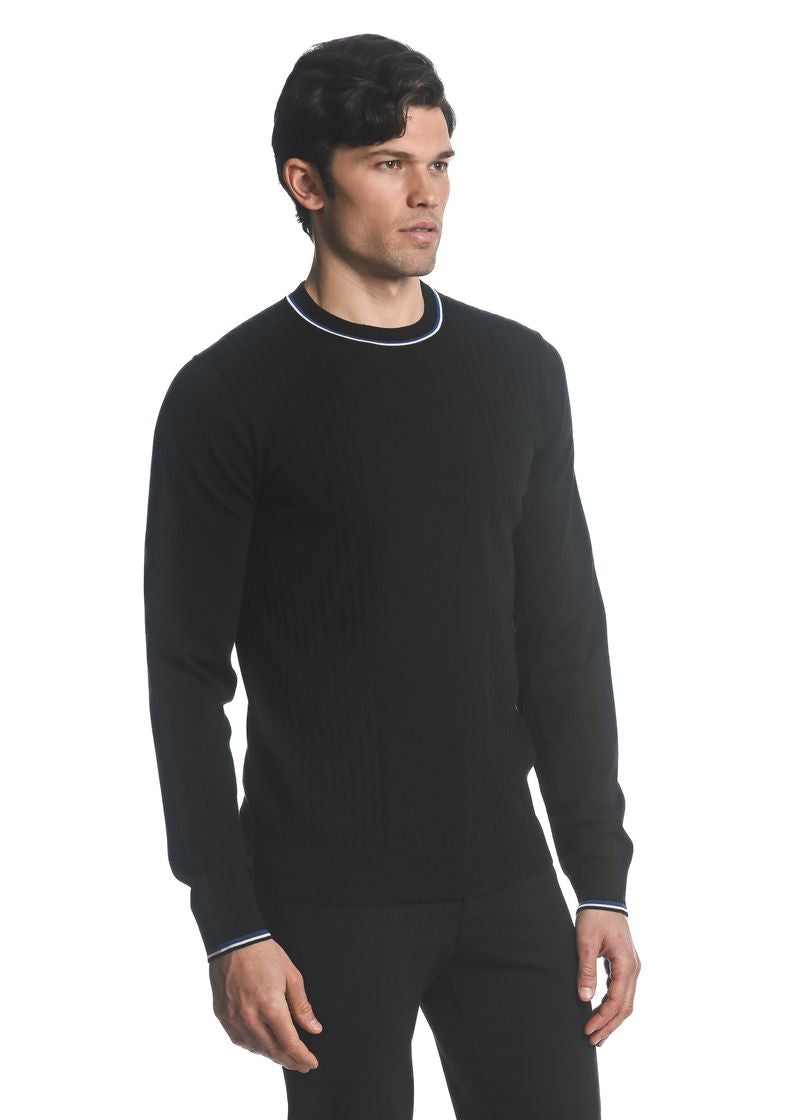 BLACK SILK TENCEL TEXTURED KNIT CREW SWEATER W/ TIPPING PM-16221
