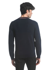 NAVY SILK TENCEL TEXTURED KNIT CREW SWEATER W/ TIPPING PM-16221