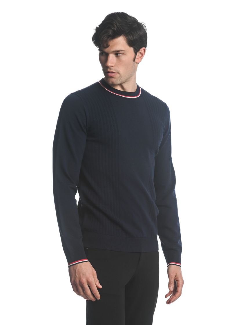 NAVY SILK TENCEL TEXTURED KNIT CREW SWEATER W/ TIPPING PM-16221