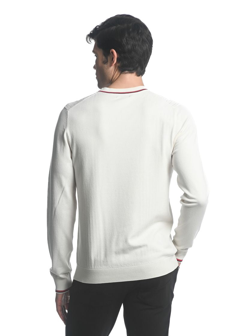 OFF WHITE SILK TENCEL TEXTURED KNIT CREW SWEATER W/ TIPPING PM-16221