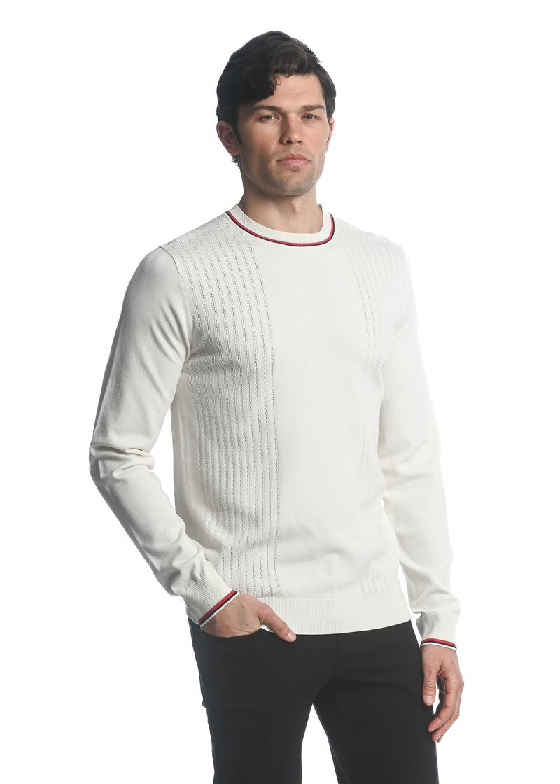 OFF WHITE SILK TENCEL TEXTURED KNIT CREW SWEATER W/ TIPPING PM-16221