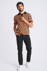 ORANGE/BLACK RETRO CHAINS JACQUARD COTTON 3-BUTTON KNIT POLO PM-16328