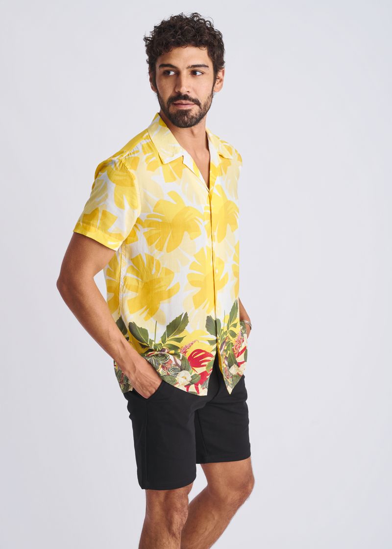 AMBER/LEAF TROPICS PRINTED MODAL SHORT SLEEVE BORDER SHIRT PM-49027
