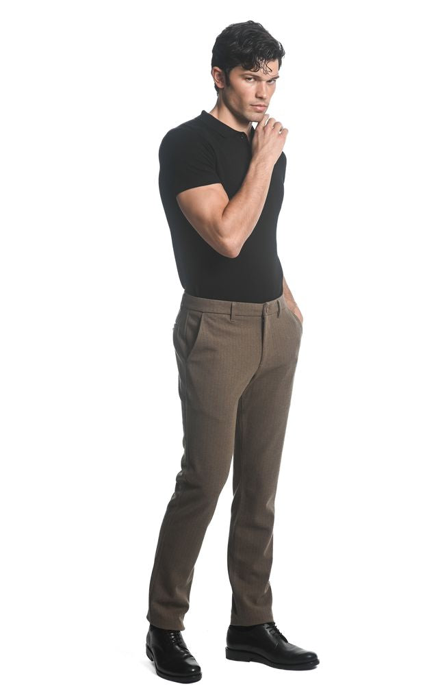 Tan/Brown Pinstripes Stretch Knit Pinstripe Wool Look Tailored Pants