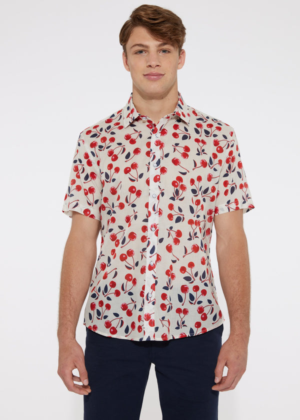 WHITE/RED CHERRIES COTTON VOILE SHORT SLEEVE WOVEN SHIRT PM-44001