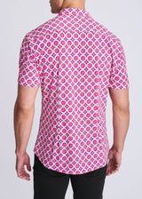 PINK/BLUSH CIRCLES PRINTED PERFORMANCE SHORT SLEEVE SHIRT W/ CONTRAST PLACKET PM-76109