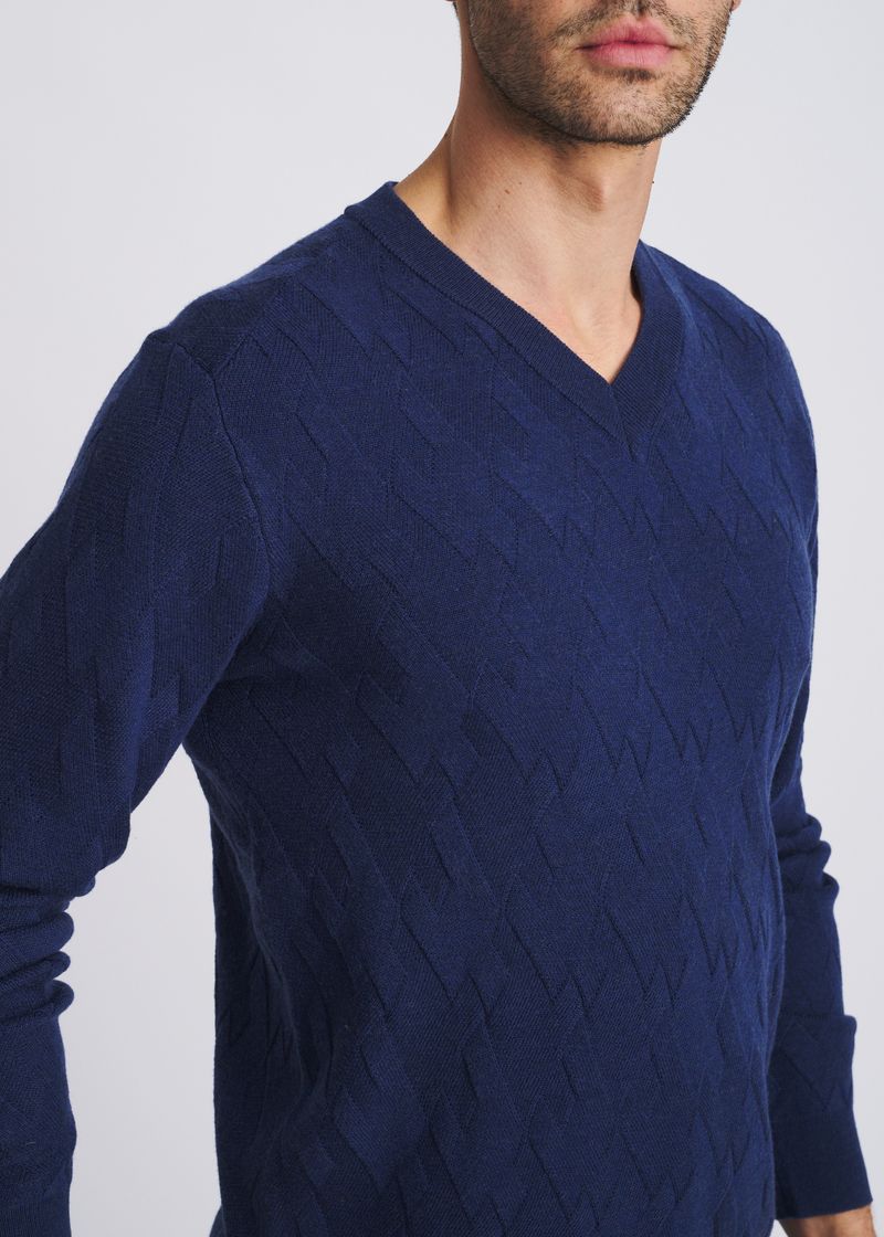 NAVY V-NECK BASKETWEAVE WOOL BLEND KNIT SWEATER PM-16420