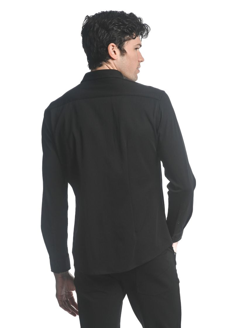 BLACK SOLID STRETCH KNIT LONG SLEEVES SHIRT PM-76106
