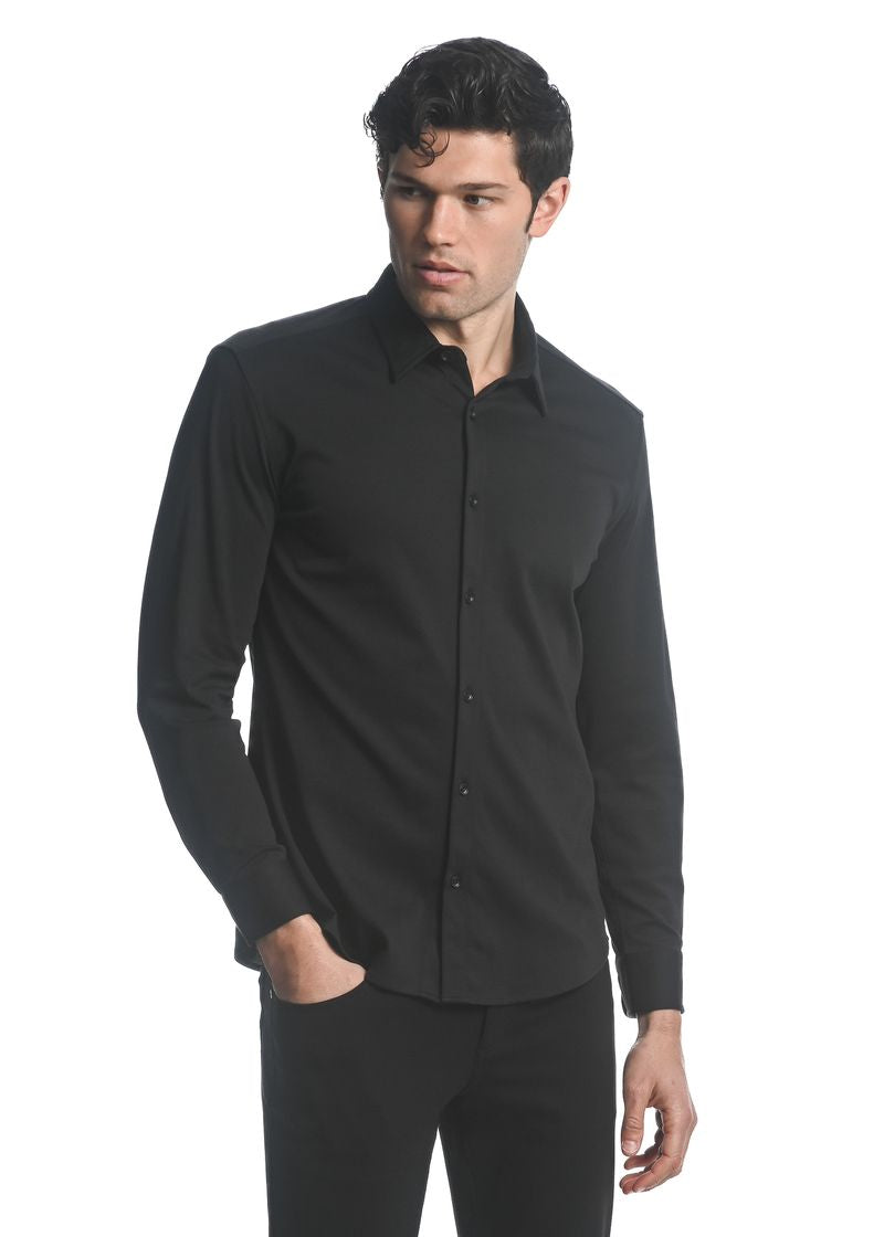 BLACK SOLID STRETCH KNIT LONG SLEEVES SHIRT PM-76106