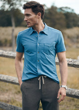 VINTAGE BLUE VINTAGE WASH STRETCH KNIT DENIM SHORT SLEEVES SHIRT PM-76178