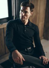 BLACK 3-BUTTON LIGHTWEIGHT FINE KNIT WOOL POLO SWEATER PM-16412