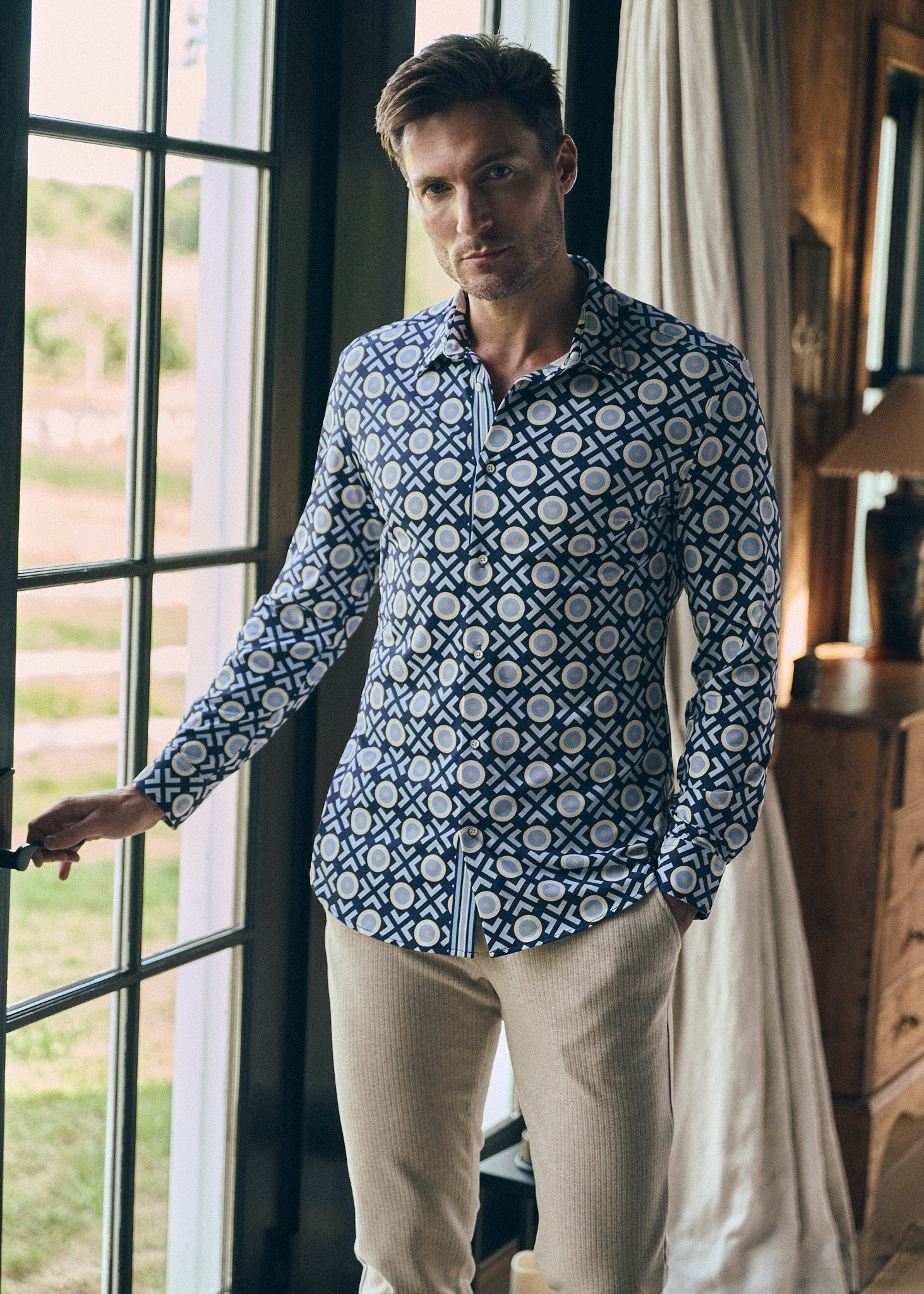 MIDNIGHT/SLATE CIRCLE SPRINTED STRETCH PERFORMANCE LONG SLEEVE SHIRT W/ PLACKET DETAIL PM-76085