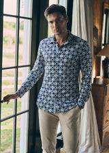 MIDNIGHT/SLATE CIRCLE SPRINTED STRETCH PERFORMANCE LONG SLEEVE SHIRT W/ PLACKET DETAIL PM-76085