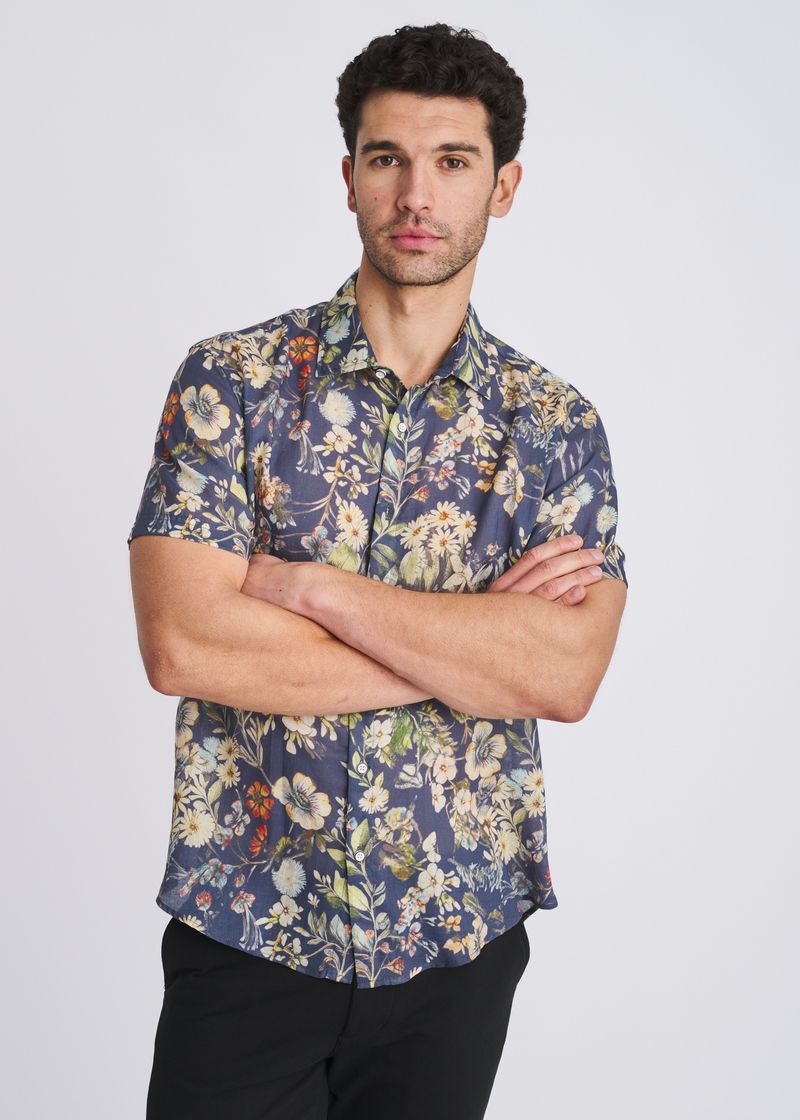 NAVY/SEACREST BLOOMS PRINTED LIGHTWEIGHT LINEN/TENCEL SHORT SLEEVE SHIRT PM-45047