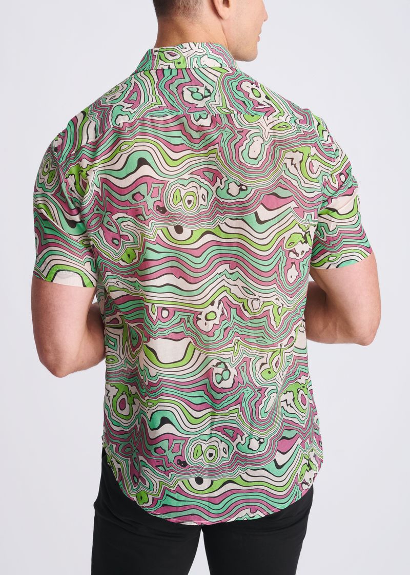 BUD/BLUSH SWIRLS PRINTED LIGHTWEIGHT COTTON/SILK SHORT SLEEVE SHIRT PM-46044
