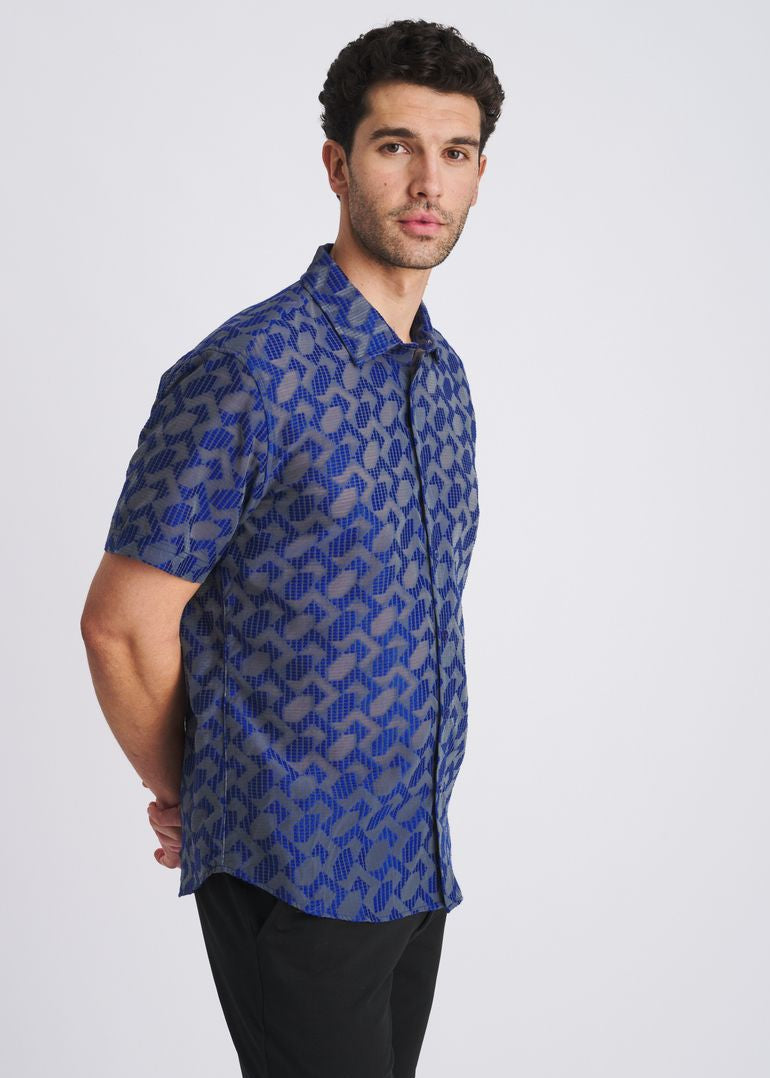 NAVY LIGHTWEIGHT RHOMBUS JACQUARD WOVEN SHORT SLEEVE SHIRT PM-51016