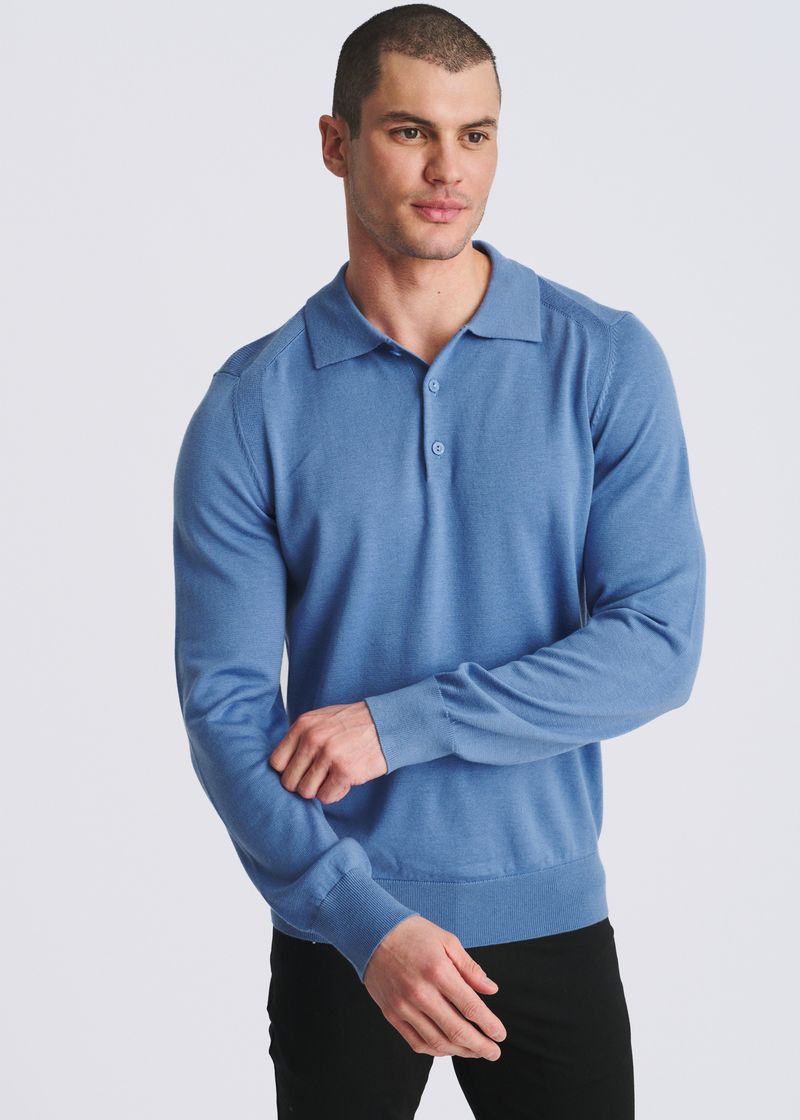 INDIGO 3-BUTTON POLO WOOL BLEND KNIT SWEATER PM-16419
