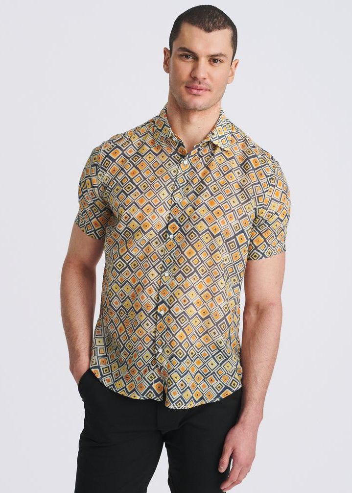 GOLD/NAVY DIAMONDS PRINTED LIGHTWEIGHT COTTON/SILK SHORT SLEEVE SHIRT PM-46047