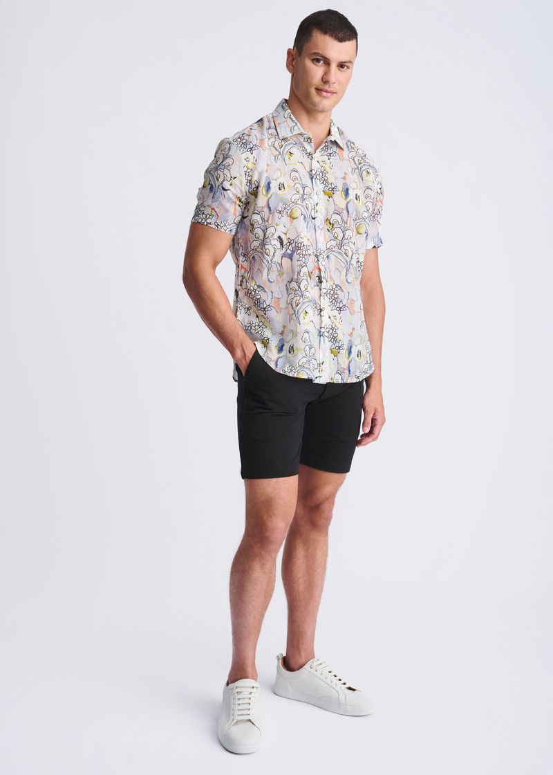 ORCHID/CORAL FLORAL PRINTED LIGHTWEIGHT LINEN/TENCEL SHORT SLEEVE SHIRT PM-45039