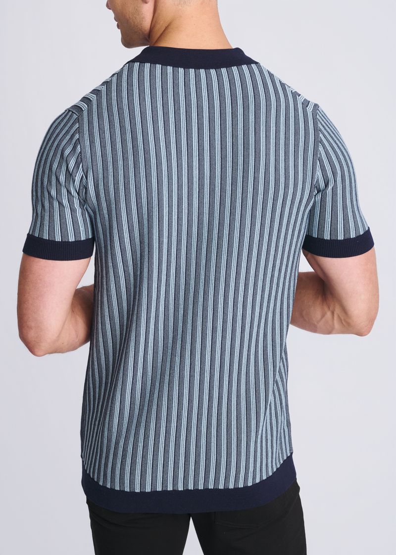 BLUE ICE TEXTURED STRIPES SILK/TENCEL 3-BUTTON KINIT POLO PM-16323
