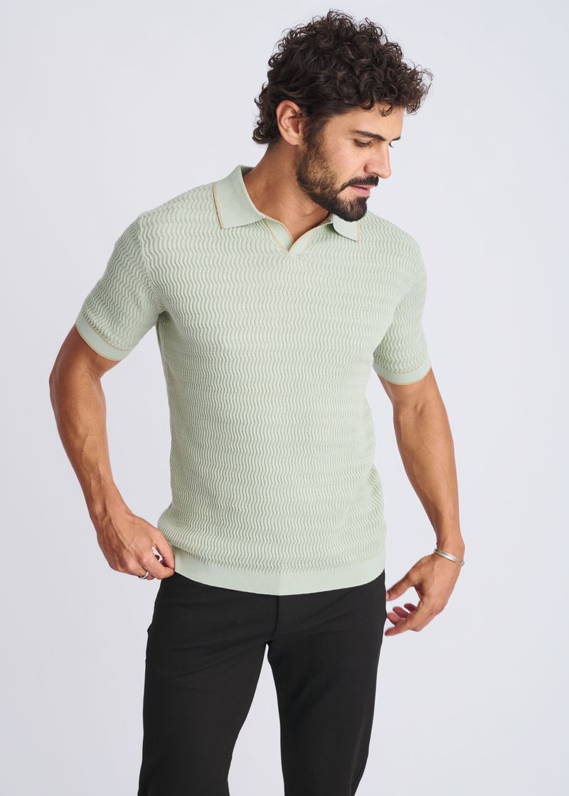 MOSS/ALOE WAVEY TEXTURED COTTON JOHNNY COLLAR KNIT POLO PM-16331