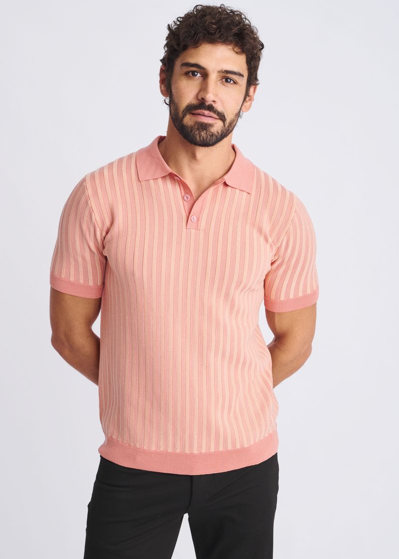 CORAL/SHERBET TEXTURED STRIPES SILK/TENCEL 3-BUTTON KNIT POLO PM-16323