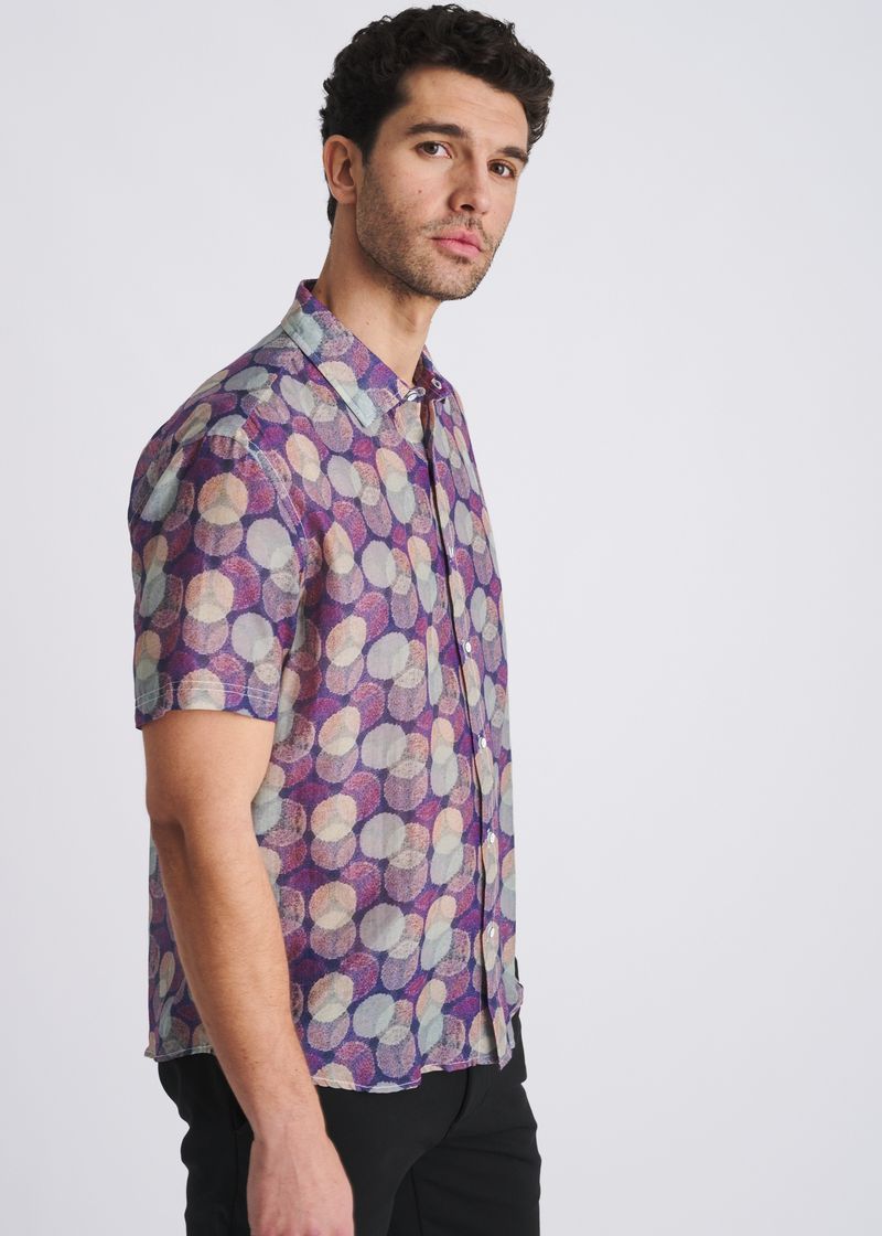 SAGE/PURPLE CIRCLES PRINTED LIGHTWEIGHT COTTON/SILK SHORT SLEEVE SHIRT PM-46055