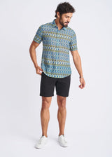 COBALT/OLIVE SWIRLS PRINTED LIGHTWEIGHT COTTON/SILK SHORT SLEEVE SHIRT PM-46045