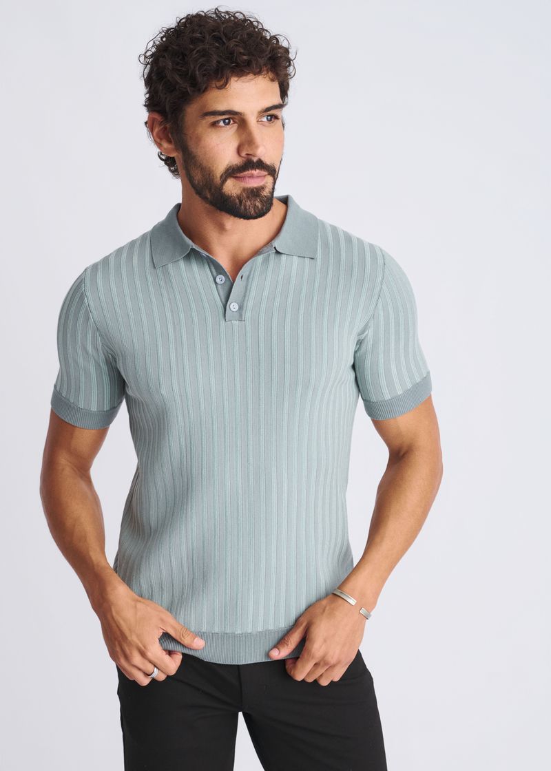 STALK/WEED TEXTURED STRIPES SILK/TENCEL 3-BUTTON KNIT POLO PM-16323