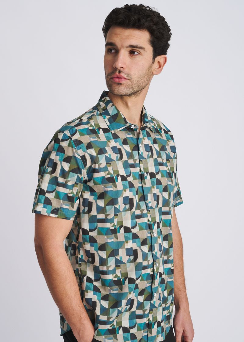 FOREST/OLIVE GEOMETRIC PRINTED LIGHTWEIGHT COTTON/TENCEL SHORT SLEEVE SHIRT PM-47061
