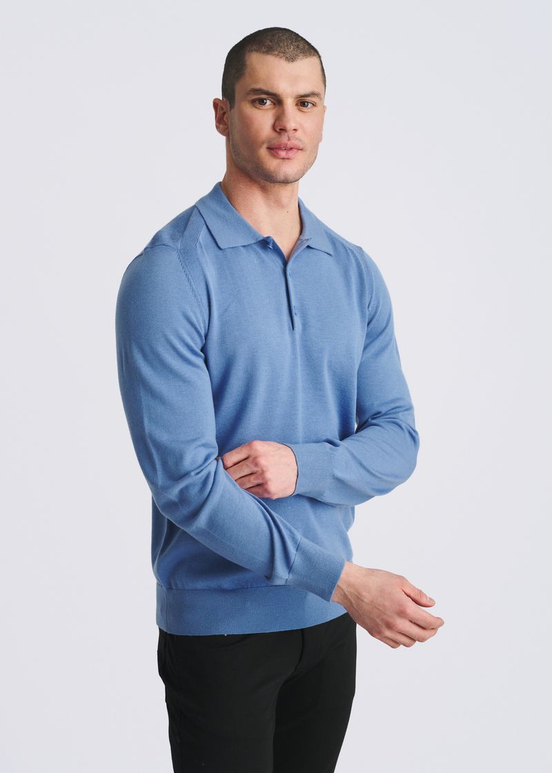 INDIGO 3-BUTTON POLO WOOL BLEND KNIT SWEATER PM-16419