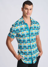 TEAL/GOLD DIAMONDS PRINTED PERFORMANCE SHORT SLEEVE SHIRT W/ CONTRAST PLACKET PM-76113