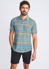 COBALT/OLIVE SWIRLS PRINTED LIGHTWEIGHT COTTON/SILK SHORT SLEEVE SHIRT PM-46045