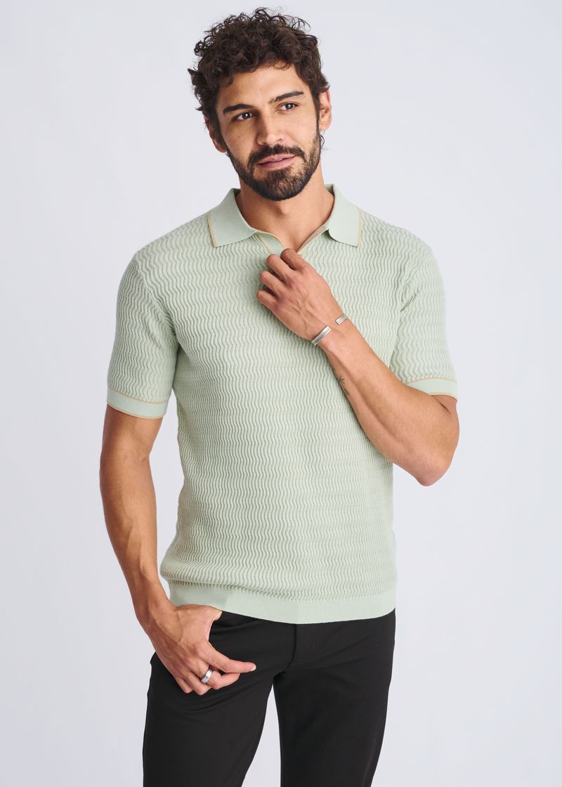 MOSS/ALOE WAVEY TEXTURED COTTON JOHNNY COLLAR KNIT POLO PM-16331