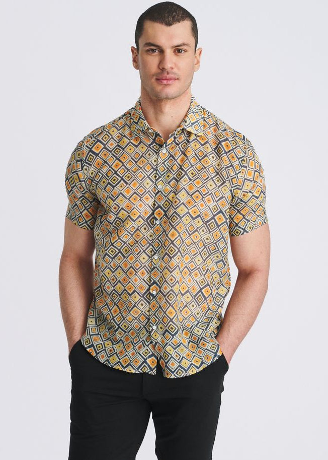 GOLD/NAVY DIAMONDS PRINTED LIGHTWEIGHT COTTON/SILK SHORT SLEEVE SHIRT PM-46047