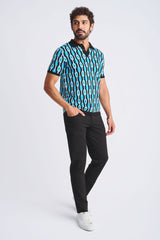 OCEAN/BLACK RETRO CHAINS JACQUARD COTTON 3-BUTTON KNIT POLO PM-16328