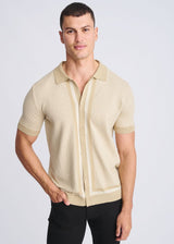 NUTMEG/LATTE HONEYCOMB TEXTURED COTTON BUTTON FRONT KNIT SHIRT PM-16329