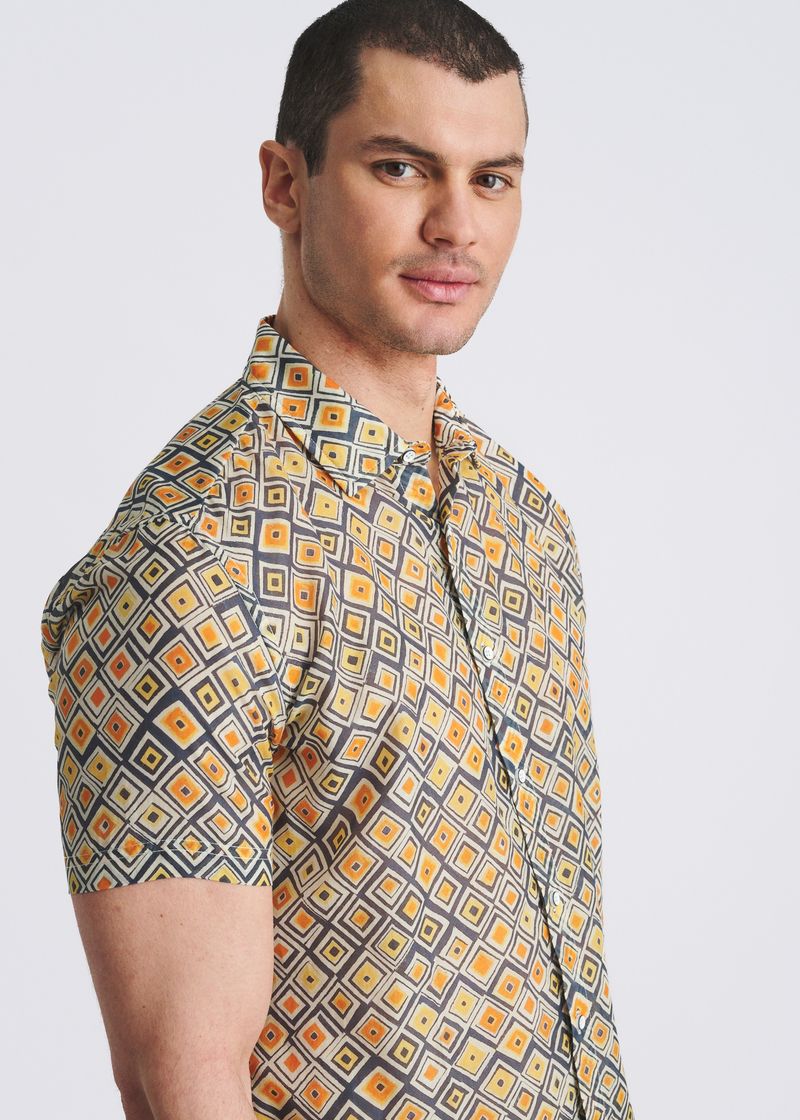 GOLD/NAVY DIAMONDS PRINTED LIGHTWEIGHT COTTON/SILK SHORT SLEEVE SHIRT PM-46047