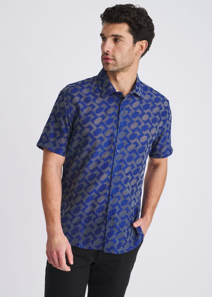 NAVY LIGHTWEIGHT RHOMBUS JACQUARD WOVEN SHORT SLEEVE SHIRT PM-51016