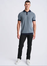 BLUE ICE TEXTURED STRIPES SILK/TENCEL 3-BUTTON KINIT POLO PM-16323