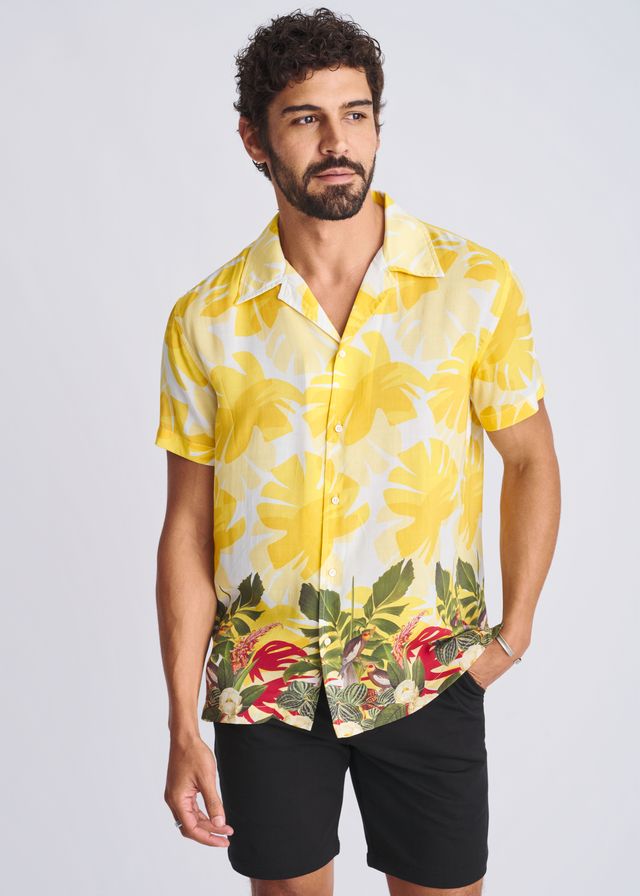 AMBER/LEAF TROPICS PRINTED MODAL SHORT SLEEVE BORDER SHIRT PM-49027