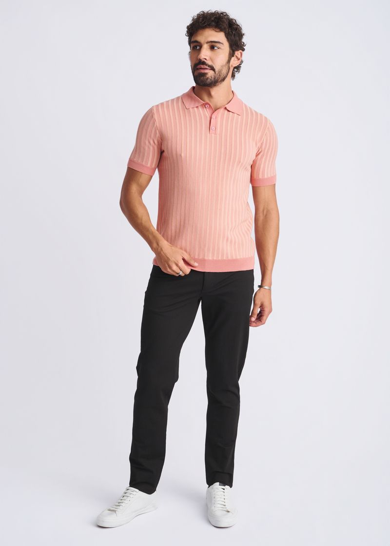 CORAL/SHERBET TEXTURED STRIPES SILK/TENCEL 3-BUTTON KNIT POLO PM-16323