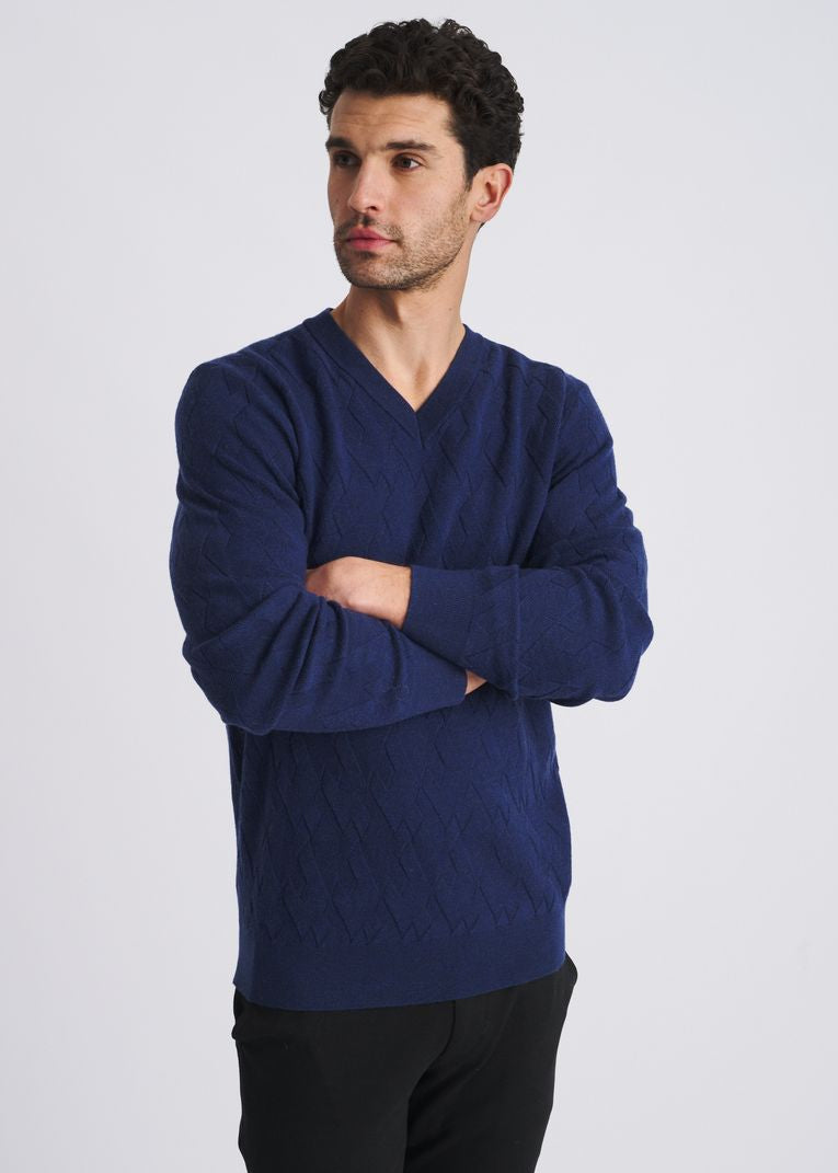 NAVY V-NECK BASKETWEAVE WOOL BLEND KNIT SWEATER PM-16420