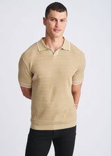 NUTMEG/MILK WHITE WAVEY TEXTURED COTTON JOHNNY COLLAR KNIT POLO PM-16331