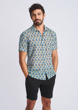 TEAL/ORANGE SWIRLS PRINTED LIGHTWEIGHT COTTON/SILK SHORT SLEEVE SHIRT PM-46043