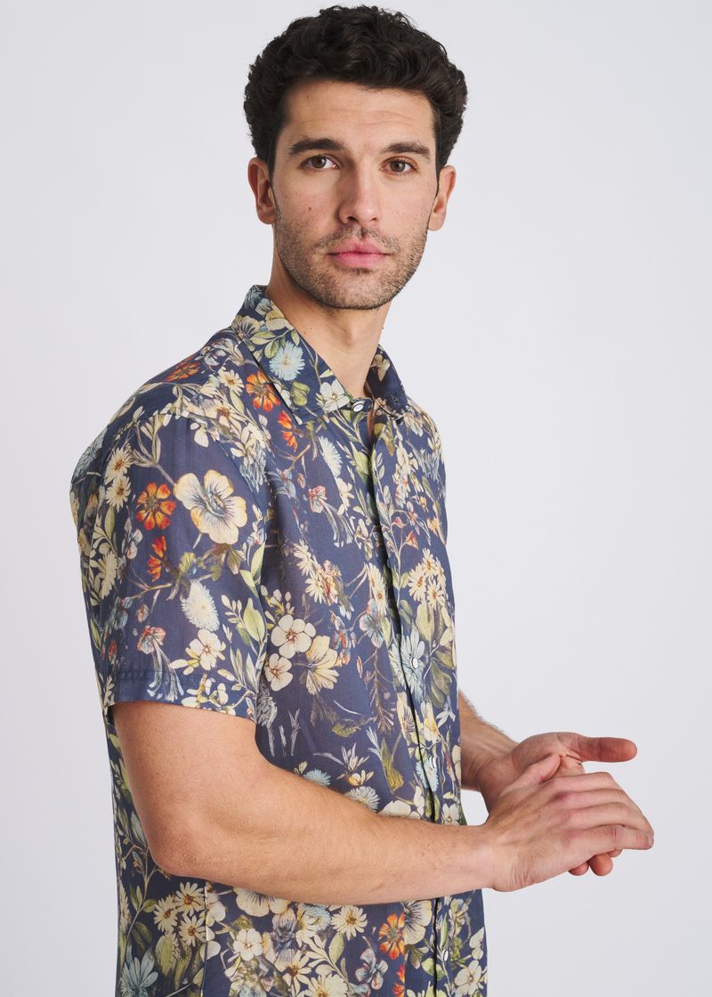 NAVY/SEACREST BLOOMS PRINTED LIGHTWEIGHT LINEN/TENCEL SHORT SLEEVE SHIRT PM-45047