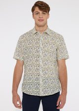 YELLOW/WHITE FLORAL COTTON SEERSUCKER WOVEN SHORT SLEEVE SHIRT PM-14101
