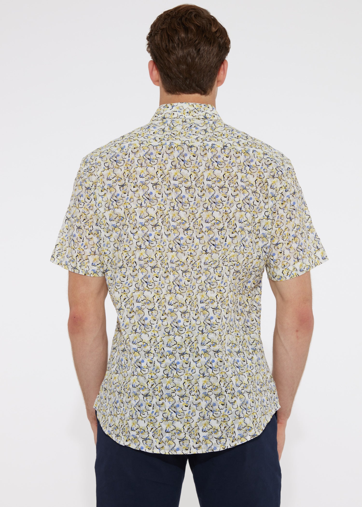 YELLOW/WHITE FLORAL COTTON SEERSUCKER WOVEN SHORT SLEEVE SHIRT PM-14101